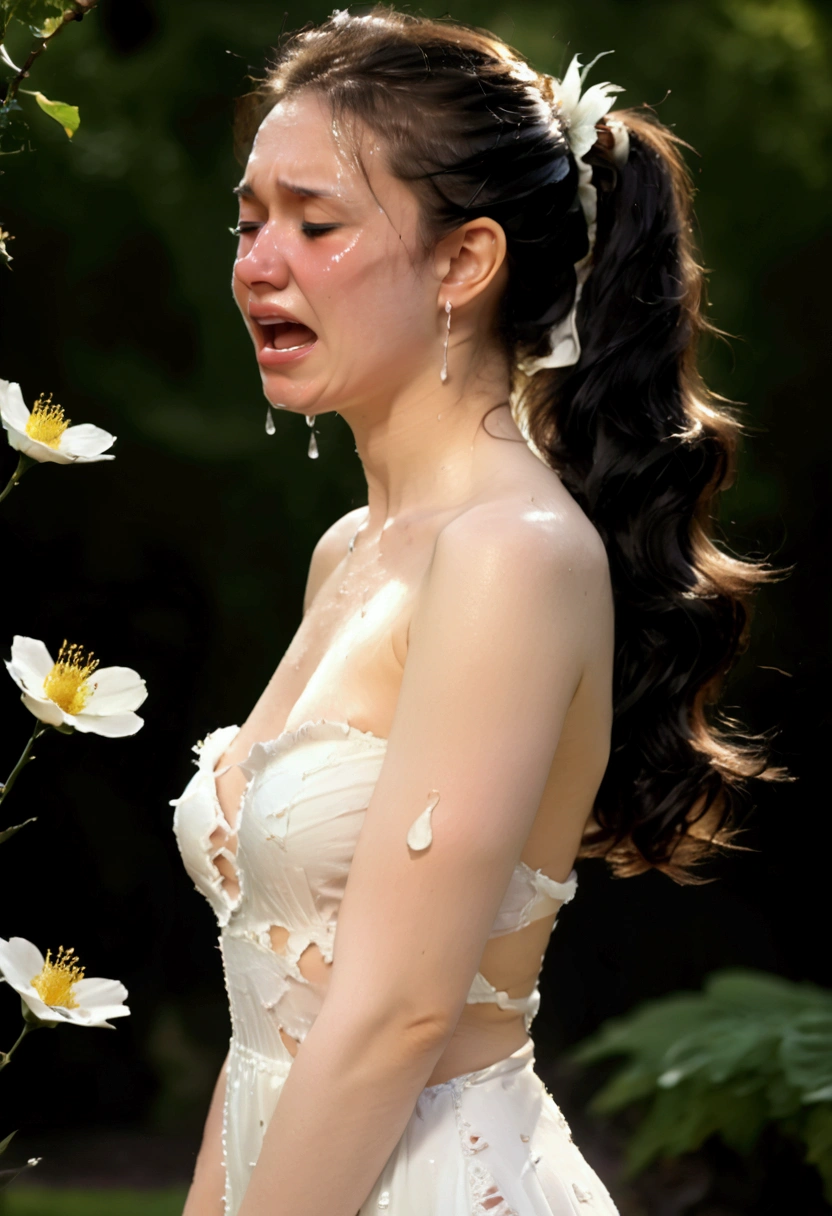 (Highest quality, masterpiece, 4K, photograph, Fine:1.4), (A beautiful girl almost naked and crying:1.3), Half naked, A beautiful girl crying after being battered, Garden, ponytail, A badly torn and tattered mini-length white wedding dress:1.3, Bare chest, Full view of breasts, Almost naked,, Very beautiful, (Her mini wedding dress was ripped to shreds.:1.2), The dress is torn at the chest, exposing her breasts., Thighs in full view, Walking while crying, The white miniskirt of her dress is torn, revealing her thighs, White high heels:1.1, Full body video:1.2, Almost naked, The torn white fabric of the dress is scattered on the ground,