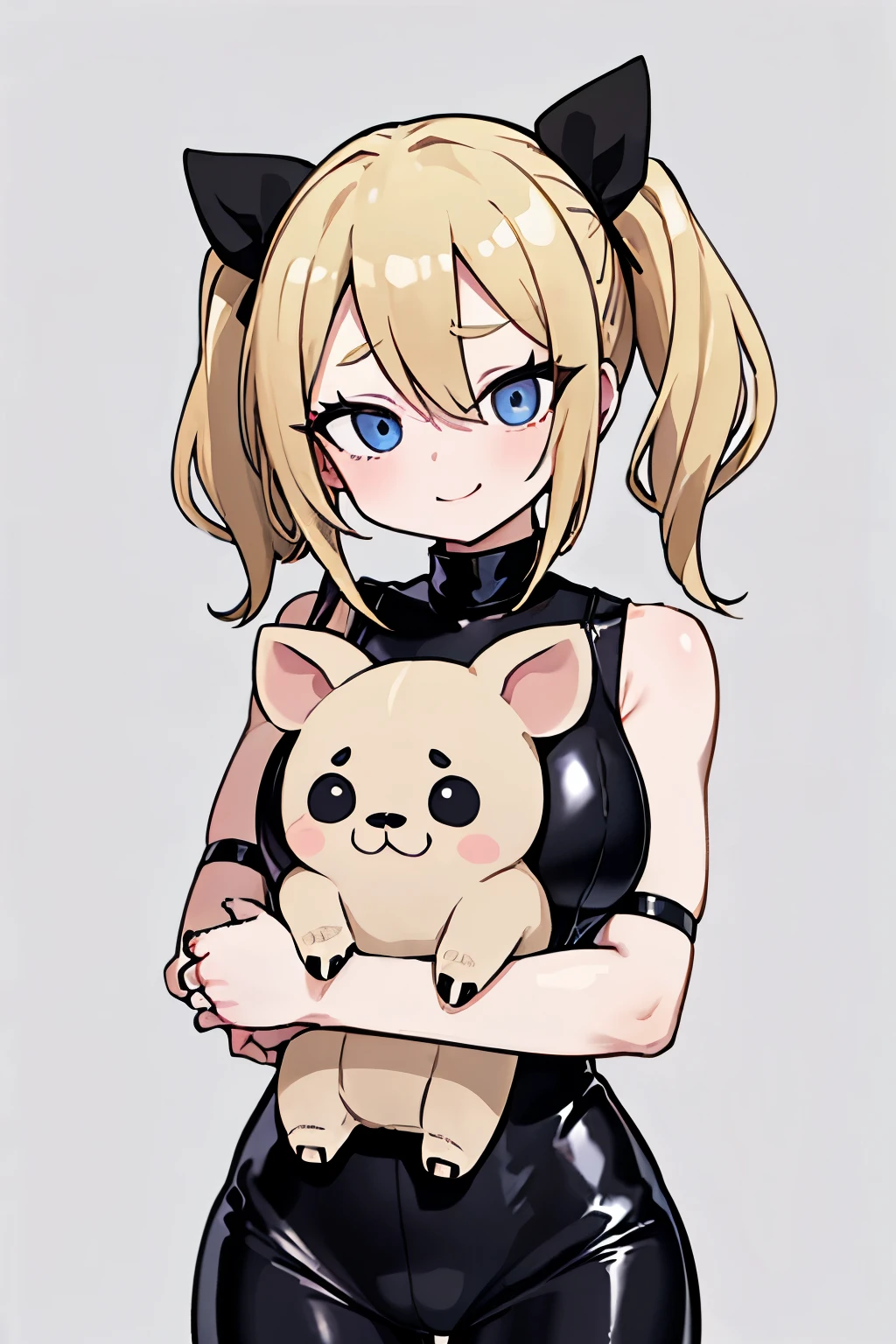 blonde girl with pigtails, wearing a black latex, black tank top, blue eyes, hugging a weasel pet, hugging weasel hug, sharp nails, rings on hand, simple background, smiling, red eye makeup, short pigtails, tight clothes, latex clothes, no bangs, no fringe, forehead, hugging a pet, hugging plush, short wavy pigtails