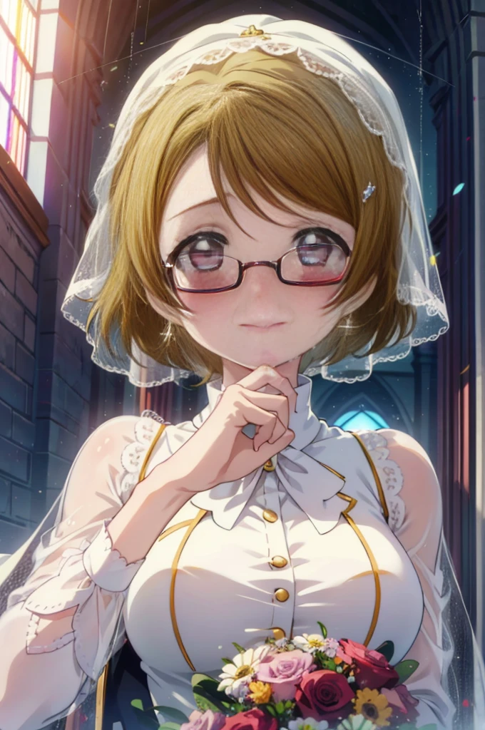 hanayo koizumi, hanayo Koizumi, short hair, Brown Hair, Purple eyes,Big Breasts,happy smile, smile, Close your mouth,Wedding dress,Veil,bouquet,Flower storm,Black-rimmed glasses,Tears stream down her face,Tears of joy,I cry a lot, break looking at viewer, whole body,(Cowboy Shot:1. 5) break indoors, Chapel,church, break (masterpiece:1.2), Highest quality, High resolution, unity 8k wallpaper, (shape:0.8), (Beautiful attention to detail:1.6), Highly detailed face, Perfect lighting, Highly detailed CG, (Perfect hands, Perfect Anatomy),