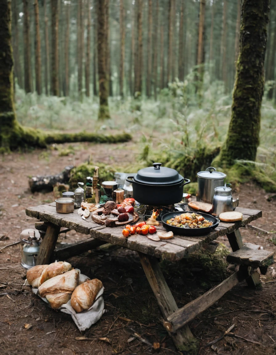 a close up of a table with food and a pot on it, forest picnic, food. craft and adventure, ❤🔥🍄🌪, cooking it up, setting in nature, outdoors setting, outdoors, camping, gourmet cooking, cozy place, by Niko Henrichon, cozy environment, delicious food, adventuring gear, by Alexander Brook, cooking