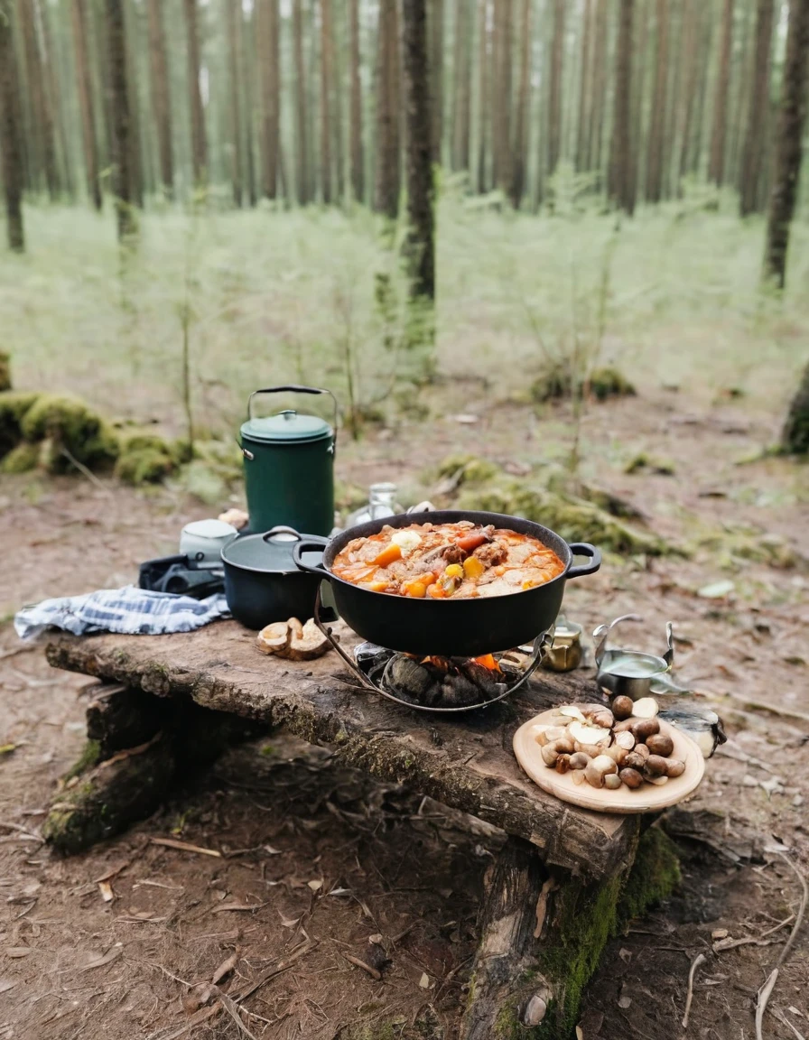 a close up of a table with food and a pot on it, forest picnic, food. craft and adventure, ❤🔥🍄🌪, cooking it up, setting in nature, outdoors setting, outdoors, camping, gourmet cooking, cozy place, by Niko Henrichon, cozy environment, delicious food, adventuring gear, by Alexander Brook, cooking