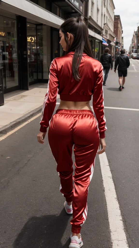 A sexy slim woman aged 16 walks through the city, she is wearing a satin tracksuit, Her breasts are big, sexy ass,candid Ass