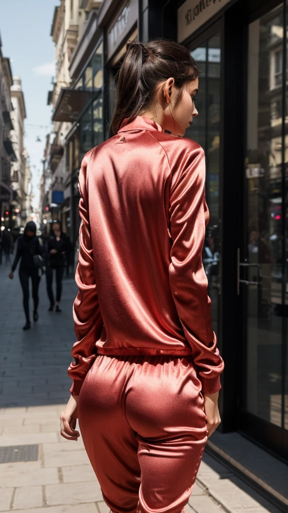 A sexy slim woman aged 16 walks through the city, she is wearing a satin tracksuit, Her breasts are big, sexy ass,candid Ass