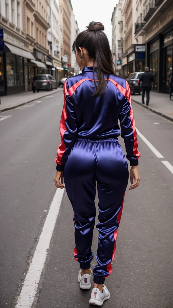 A sexy slim woman walks through the city, she is wearing a satin tracksuit, Her breasts are big, sexy ass,candid Ass