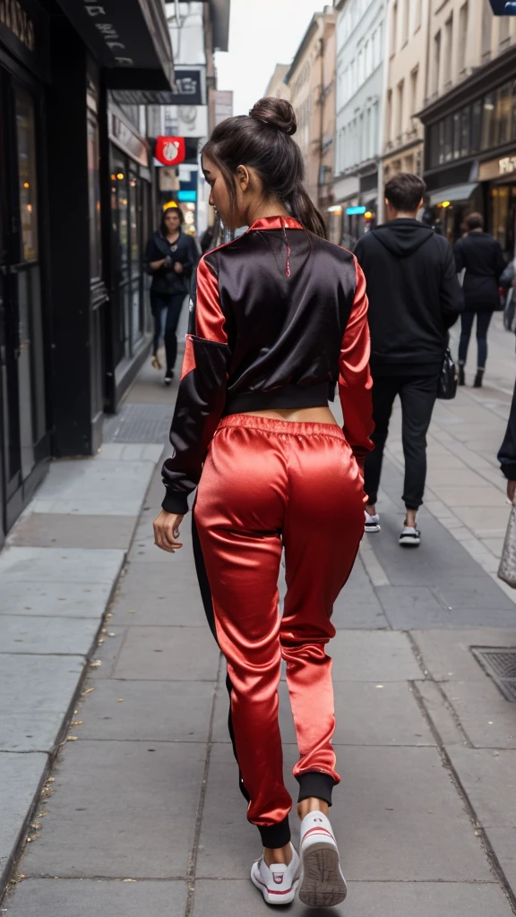 A sexy slim woman aged 16 walks through the city, she is wearing a satin tracksuit, Her breasts are big, sexy ass,candid Ass 