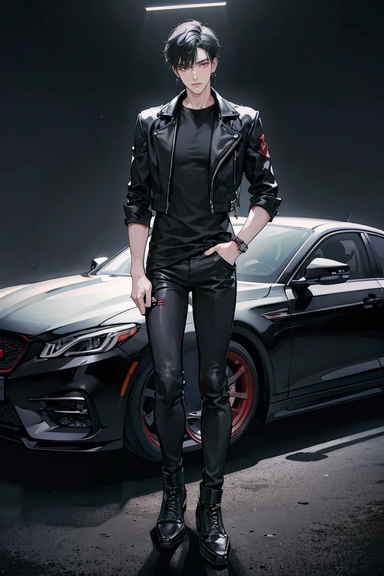 (masterpiece), best quality, seductive eyes, perfect face, handsome man, red eyes, short messy black hair, long nose, plain black t-shirt, black fitted pants, black leather jacket, full body, extremely tall man, long legs, long calves, anime cover, 1boy, ear piercings, hands in pockets, adult-like look, motorcycle and cars
