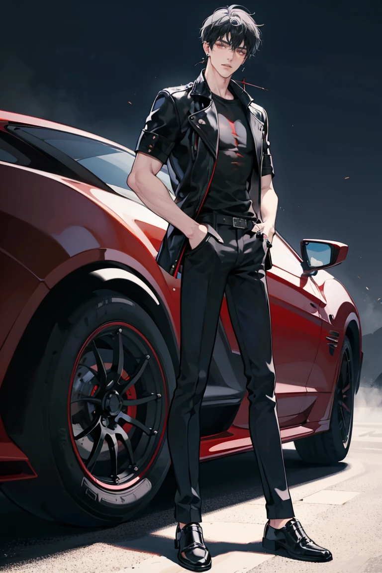(masterpiece), best quality, seductive eyes, perfect face, handsome man, red eyes, short messy black hair, long nose, plain black t-shirt, black fitted pants, black leather jacket, full body, extremely tall man, long legs, long calves, anime cover, 1boy, ear piercings, hands in pockets, adult-like look, motorcycle and cars