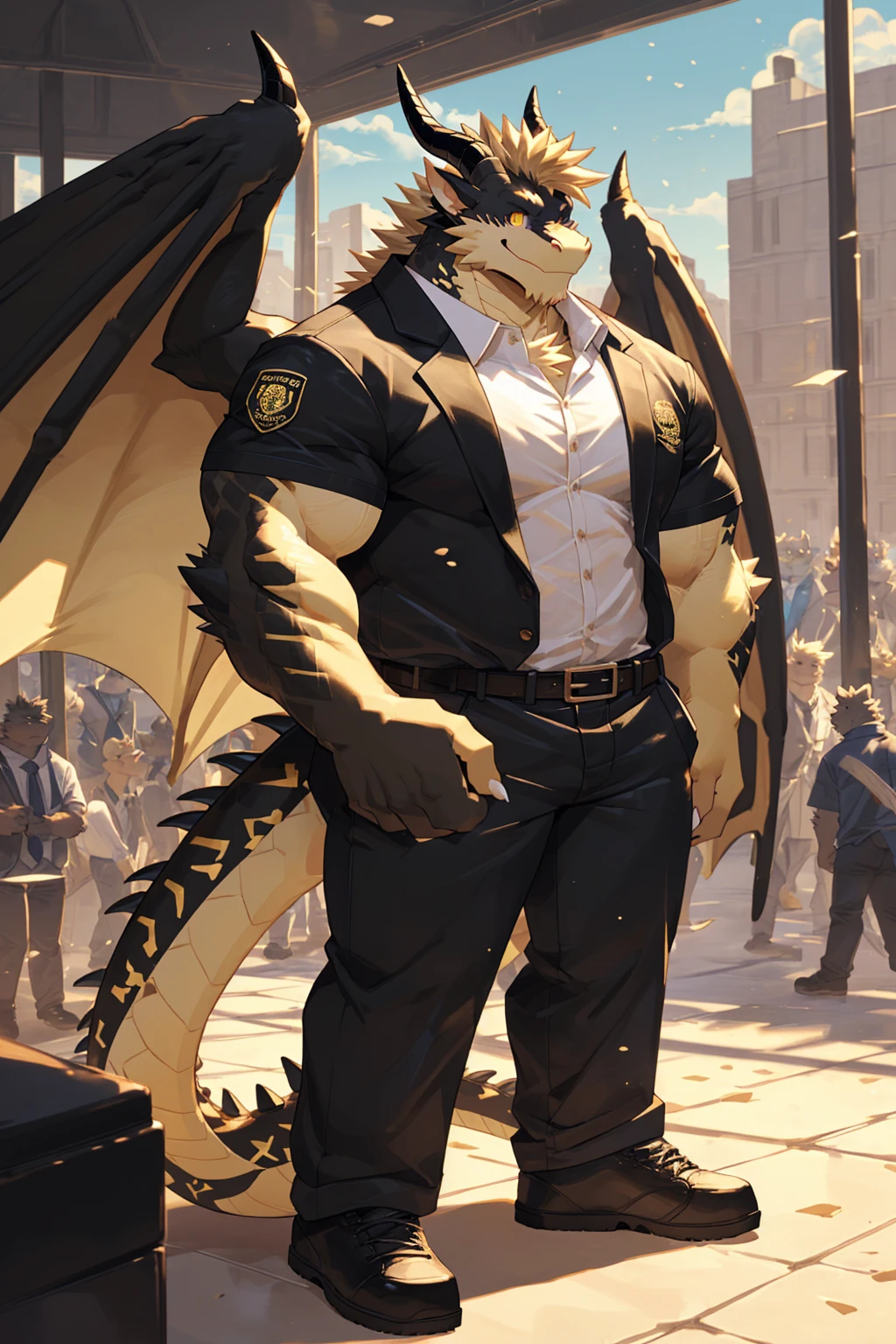 (sfw:1.5), male focus, security guard, Handsome 1boy, solitary，protrait photo, single, (White nails, White Paws:1.4), (Light blond hair:1.5), (Black and gold dragon wings, Huge black and gold dragon wings:1.3), Black and gold skin, (Black and gold tail:1.4), (Black horn, Black curved corners:1.4), (Black body:1.3), (All black:1.4), (Pale blond chin, Pale golden neck:1.4), Pale golden chest, Light blond chest hair, (perfect golden eyes:1.4), (Black scales:1.3), (Black Hands, Black Hands臂, Black Hands指, Black head:1.4), 
Western Dragon, dragon, dragon boy, dragon body, feet, (big eyes, large eyes:1.4), (Chubby face, The body is huge, Larger face:1.3), 
(Black short sleeve, White short-sleeved shirt, Black pants, Black short shoes, Black leather belt:1.4), 
(full body:1.3), (Mature men:1.4), (Strong body, muscle,Strong male:1.3), (Thick arms:1.3), (Standing:1.4), (Looking at the audience, Focus, Eyes gaze:1.2), (Smile:1.4), 
full background,ground, Blue sky, White Cloud, ground, School, School大门, security guard亭,
, Mysterious and romantic atmosphere, Caustic lines(refraction, polarization)Perfect anatomical structure, absurd, Detailed background, (Delicate eyes:1.3),Printing style。((artist:Takemoto Arashi))