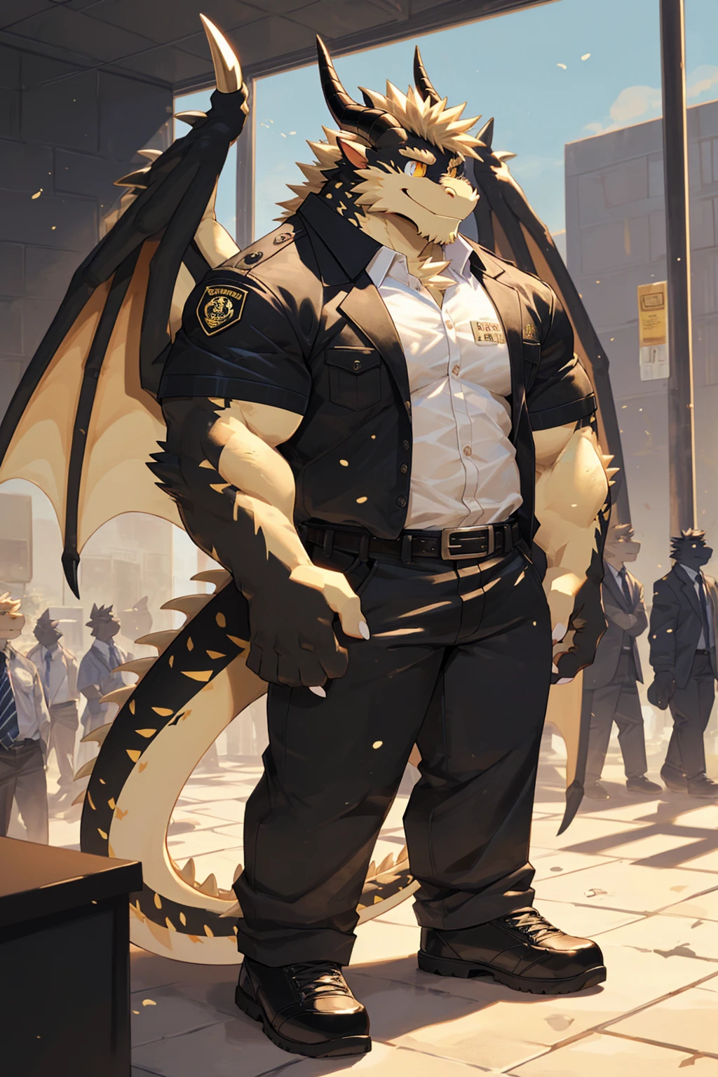 (sfw:1.5), male focus, security guard, Handsome 1boy, solitary,protrait photo, single, (White nails, White Paws:1.4), (Light blond hair:1.5), (Black and gold dragon wings, Huge black and gold dragon wings:1.3), Black and gold skin, (Black and gold tail:1.4), (Black horn, Black curved corners:1.4), (Black body:1.3), (All black:1.4), (Pale blond chin, Pale golden neck:1.4), Pale golden chest, Light blond chest hair, (perfect golden eyes:1.4), (Black scales:1.3), (Black Hands, Black Hands臂, Black Hands指, Black head:1.4),
Western Dragon, dragon, dragon boy, dragon body, feet, (big eyes, large eyes:1.4), (Chubby face, The body is huge, Larger face:1.3),
(Black short sleeve, White short-sleeved shirt, Black pants, Black short shoes, Black leather belt:1.4),
(full body:1.3), (Mature men:1.4), (Strong body, muscle,Strong male:1.3), (Thick arms:1.3), (Standing:1.4), (Looking at the audience, Focus, Eyes gaze:1.2), (Smile:1.4),
full background,ground, Blue sky, White Cloud, ground, School, School大门, security guard亭,
, Mysterious and romantic atmosphere, Caustic lines(refraction, polarization)Perfect anatomical structure, absurd, Detailed background, (Delicate eyes:1.3),Printing style。((artist:Takemoto Arashi))
