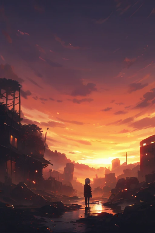 destroyed world、dilapidated、sunset、sunset、orange