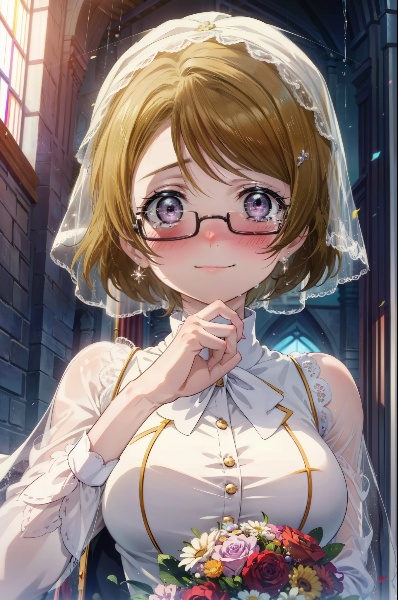 hanayo koizumi, hanayo Koizumi, short hair, Brown Hair, Purple eyes,Big Breasts,happy smile, smile, Close your mouth,Wedding dress,Veil,bouquet,Flower storm,Black-rimmed glasses,Tears stream down her face,Tears of joy,I cry a lot, break looking at viewer, whole body,(Cowboy Shot:1. 5) break indoors, Chapel,church, break (masterpiece:1.2), Highest quality, High resolution, unity 8k wallpaper, (shape:0.8), (Beautiful attention to detail:1.6), Highly detailed face, Perfect lighting, Highly detailed CG, (Perfect hands, Perfect Anatomy),