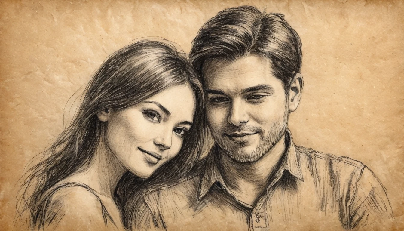 couple in love, sketch, charcoal pencil drawing on old paper.