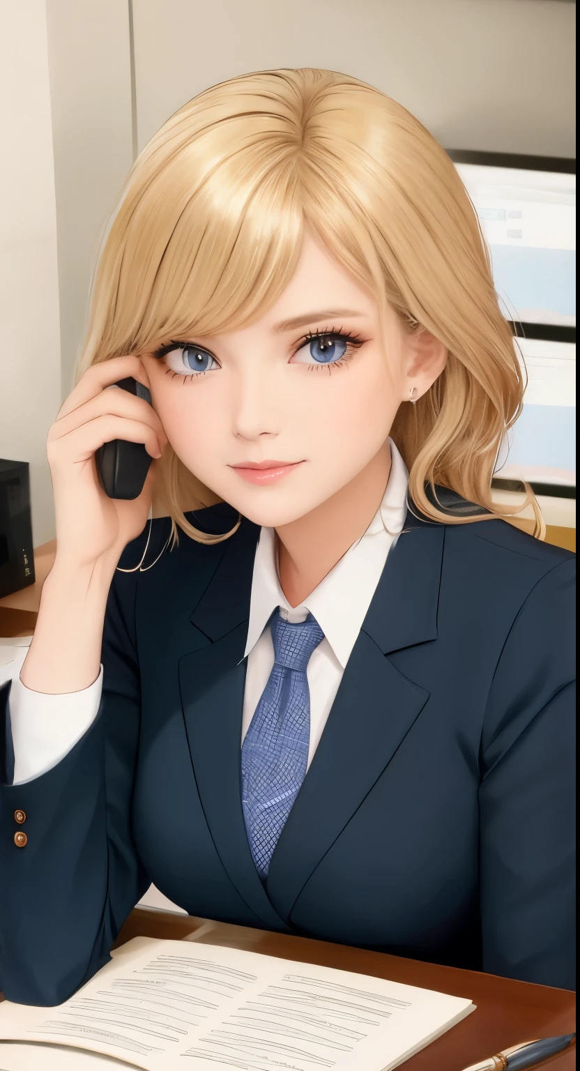 /draw blond woman sitting at desk talking on telephone with computer monitor, 1 9 8 0 s business fashion, business woman, 1 9 8 0 s woman, woman in business suit, young business woman, denis velleneuve, female in office dress, sat at her desk, female lawyer, wearing a strict business suit, serious business, working hard, portrait of kim wexler