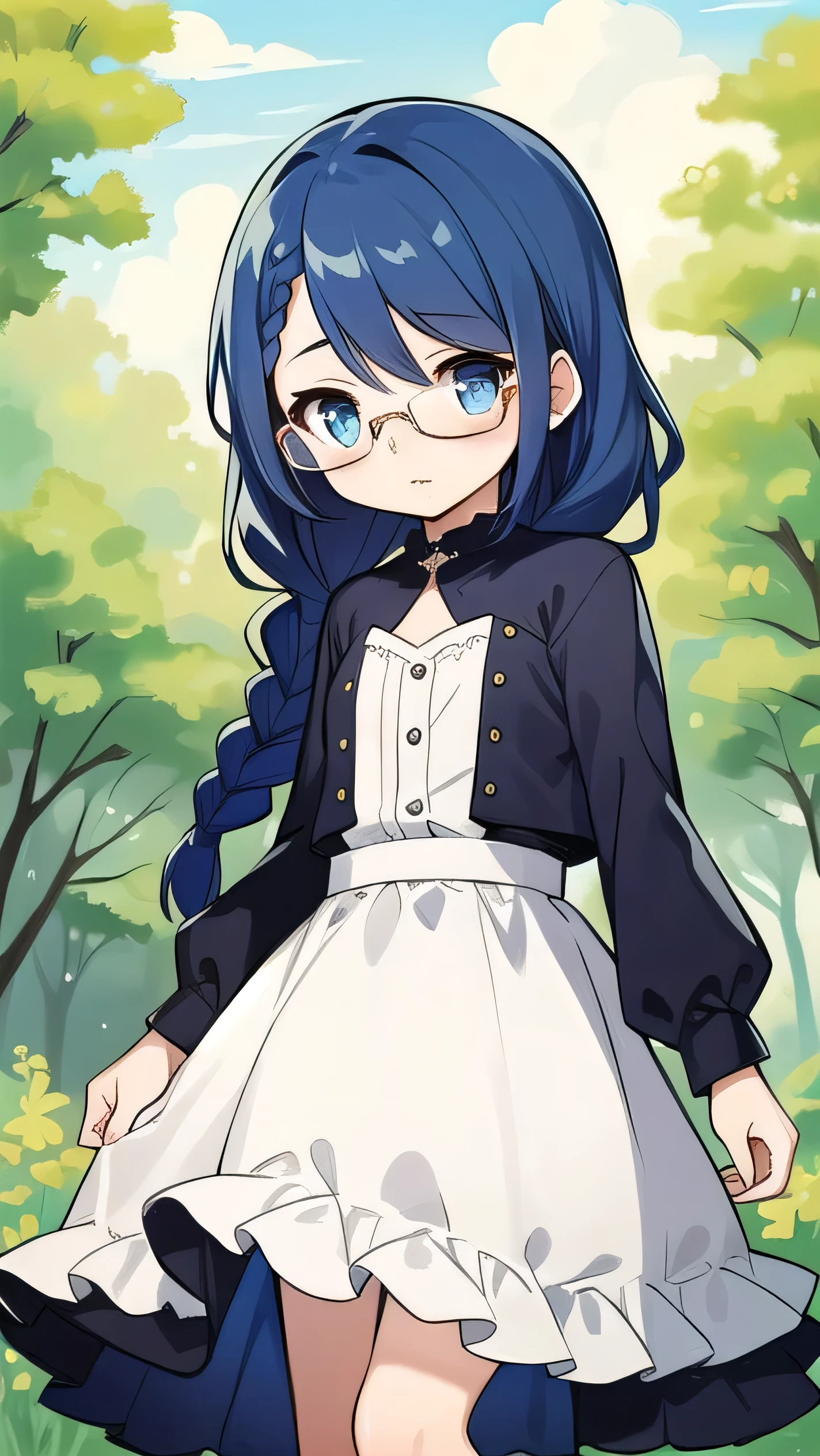 short, , blue hair, single braid, blue eyes, round eyes, shy, shy, , short, young face, short height, , glasses with no edges,flat chest,1girl，long hair，Long sleeves, cute clothes, fancy clothes, long skirts, 