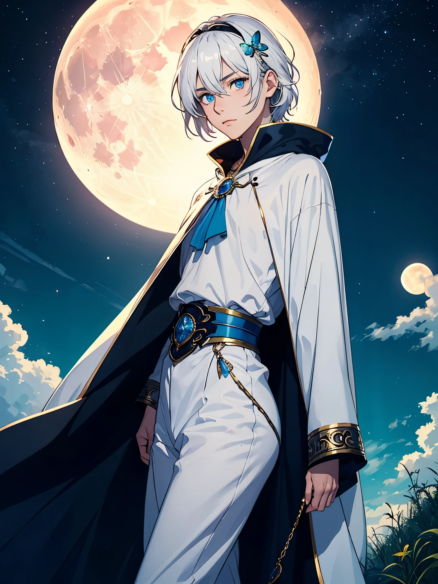 Blauer schmetterling. Lange haare. Mehr anime. aquatic, boy, Goddess of the Moon, silver hair accessories, White hair, White dress, cape, at night, saturated colors, light eyes, bright, light blue light, blue eyes, Jewelry silver, bluish light, Full moon in the background, aquatic in der Luft rosa kerzen