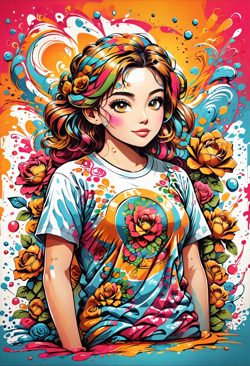 Designer t-shirt with colorful illustration with many roses, At the center, swirly vibrant colors, paint splashes and smears, High detail t-shirt design, Hawaiian style background
