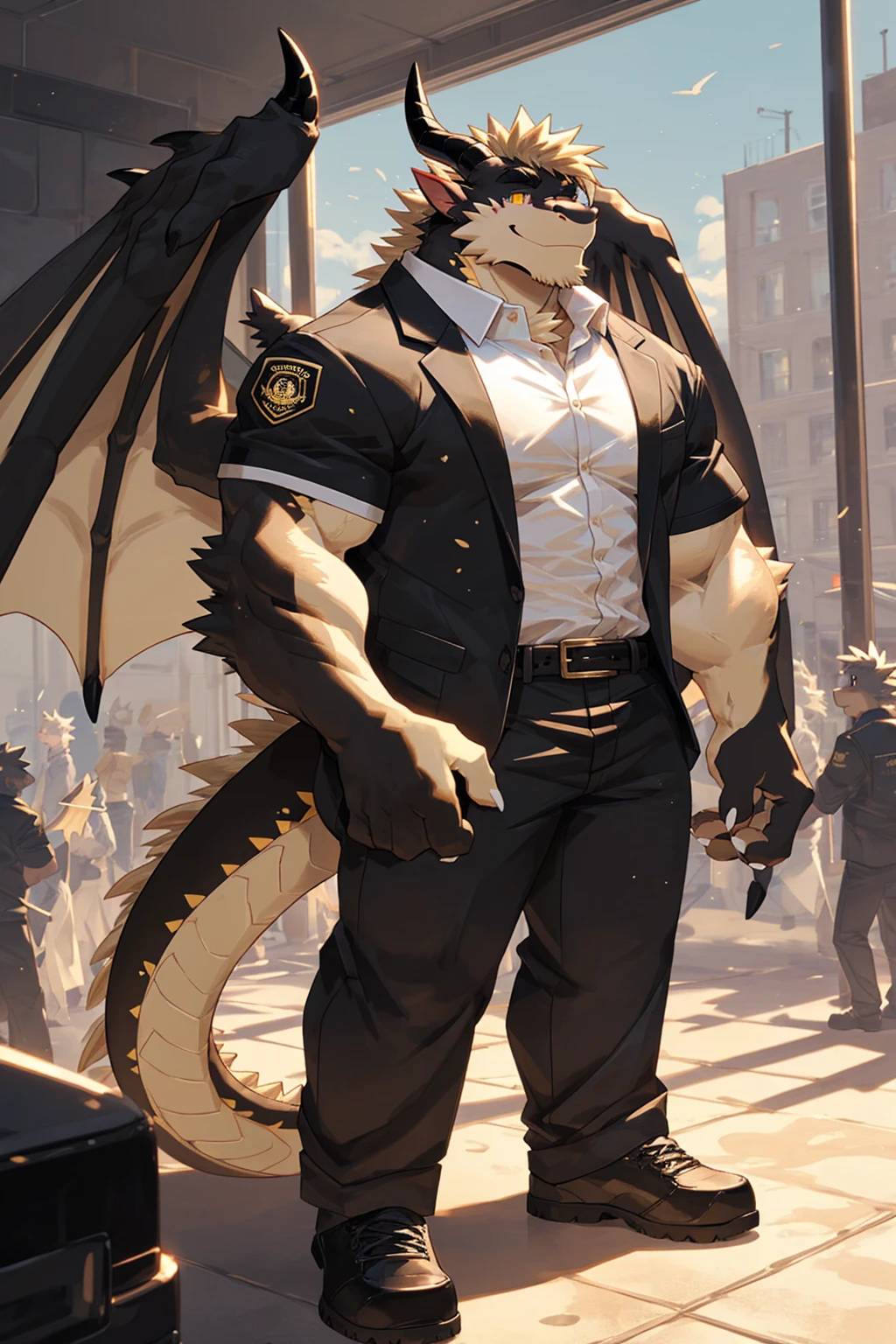 (sfw:1.5), male focus, security guard, Handsome 1boy, solitary，protrait photo, single, (Black eyebrows:1.4), (White nails, White Paws:1.4), (Light blond hair:1.5), (Black and gold dragon wings, Huge black and gold dragon wings:1.3), Black and gold skin, (Black and gold tail:1.4), (Black horn, Black curved corners:1.4), (Black body:1.4), (All black:1.4), (Pale blond chin, Pale golden neck:1.4), Pale golden chest, Light blond chest hair, (perfect golden eyes:1.4), (Black and gold scales:1.3), (Black Hands, Black Hands背, Black Hands指:1.4), (Black forehead, Black head:1.4), 
Western Dragon, dragon, dragon boy, dragon body, feet, (big eyes, large eyes:1.4), (Chubby face, The body is huge, Larger face:1.3), 
(Black short sleeve, White short-sleeved shirt, Black pants, Black leather shoes, Black leather belt:1.4), 
(full body:1.3), (Mature men:1.4), (Strong body, muscle,Strong male:1.3), (Thick arms:1.3), (Standing:1.4), (Looking at the audience, Focus, Eyes gaze:1.2), (Smile:1.4), 
full background,ground, Blue sky, White Cloud, ground, School, School大门, security guard亭,
, Mysterious and romantic atmosphere, Caustic lines(refraction, polarization)Perfect anatomical structure, absurd, Detailed background, (Delicate eyes:1.3),Printing style。((artist:Takemoto Arashi))