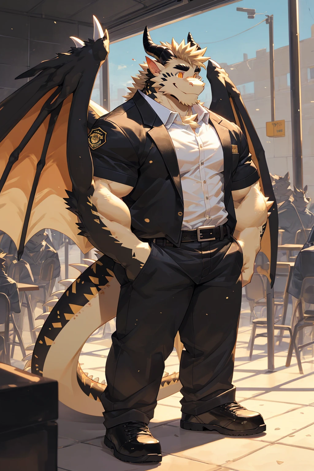 (sfw:1.5), male focus, security guard, Handsome 1boy, solitary,protrait photo, single, (Black eyebrows:1.4), (White nails, White Paws:1.4), (Light blond hair:1.5), (Black and gold dragon wings, Huge black and gold dragon wings:1.3), Black and gold skin, (Black and gold tail:1.4), (Black horn, Black curved corners:1.4), (Black body:1.4), (All black:1.4), (Pale blond chin, Pale golden neck:1.4), Pale golden chest, Light blond chest hair, (perfect golden eyes:1.4), (Black and gold scales:1.3), (Black Hands, Black Hands背, Black Hands指:1.4), (Black forehead, Black head:1.4),
Western Dragon, dragon, dragon boy, dragon body, feet, (big eyes, large eyes:1.4), (Chubby face, The body is huge, Larger face:1.3),
(Black short sleeve, White short-sleeved shirt, Black pants, Black leather shoes, Black leather belt:1.4),
(full body:1.3), (Mature men:1.4), (Strong body, muscle,Strong male:1.3), (Thick arms:1.3), (Standing:1.4), (Looking at the audience, Focus, Eyes gaze:1.2), (Smile:1.4),
full background,ground, Blue sky, White Cloud, ground, School, School大门, security guard亭,
, Mysterious and romantic atmosphere, Caustic lines(refraction, polarization)Perfect anatomical structure, absurd, Detailed background, (Delicate eyes:1.3),Printing style。((artist:Takemoto Arashi))