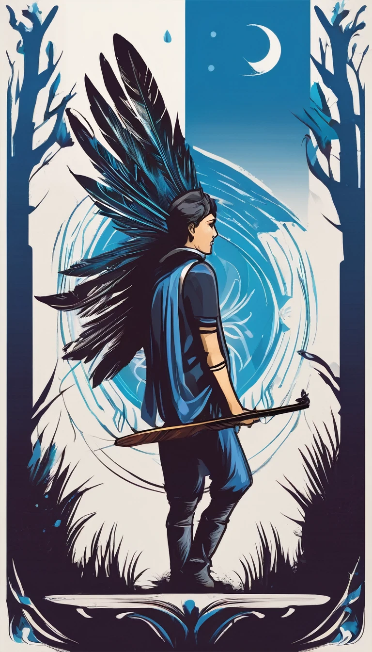 Create a minimalistic, simple, fantastic, easy to understand, logo design of a boy and a feather for an upcoming Role Playing Game called " Penamemoria". The game is about a world of bird and feathers and the inspirational, creative journey of a boy and his acoustic guitar. A boy enters that world and discovers his true artistic identity. Create a logo design that transmits the essence of this videogame and this world. It´s a fantasy game, with fantasy elements. Create the minimalistic logo in the center and a fantasy theme as background. Use the colours blue, white, light golden in the logo.