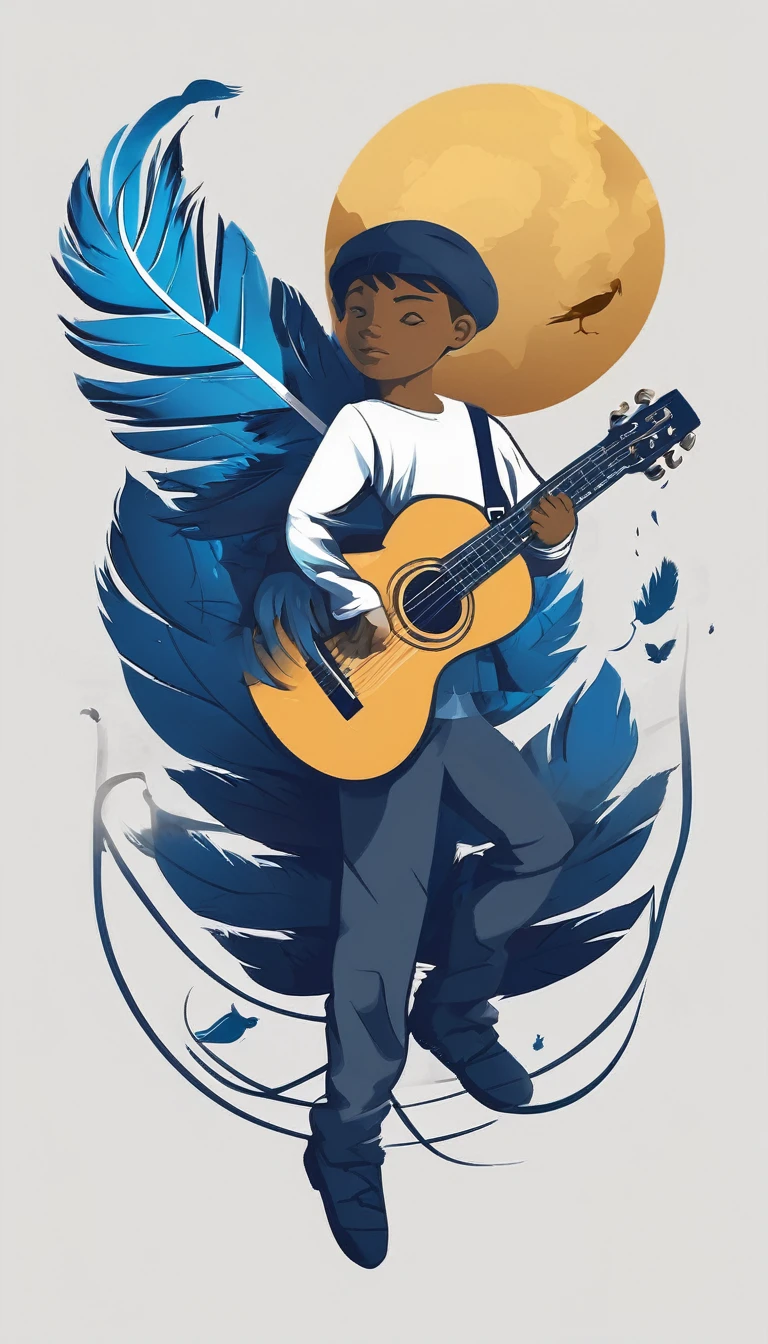Create a minimalistic, simple, fantastic, easy to understand, logo design of a boy and a feather for an upcoming Role Playing Game called " Penamemoria". The game is about a world of bird and feathers and the inspirational, creative journey of a boy and his acoustic guitar. A boy enters that world and discovers his true artistic identity. Create a logo design that transmits the essence of this videogame and this world. It´s a fantasy game, with fantasy elements. Create the minimalistic logo in the center and a fantasy theme as background. Use the colours blue, white, light golden in the logo.