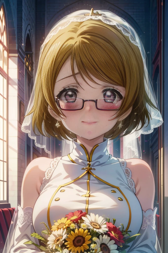 hanayo koizumi, hanayo　Koizumi, short hair, Brown Hair, Purple eyes,Big Breasts,happy smile, smile, Close your mouth,Wedding dress,Veil,bouquet,Flower storm,Black-rimmed glasses,Tears stream down her face,Tears of joy,I cry a lot,　　　　　　　　　　　　　　　　　　　　break looking at viewer, whole body,(Cowboy Shot:1. 5) 　　　　　　　　　　　　　　　　　　　break indoors, Chapel,church, 　　　　　　　　　　　break (masterpiece:1.2), Highest quality, High resolution, unity 8k wallpaper, (shape:0.8), (Beautiful attention to detail:1.6), Highly detailed face, Perfect lighting, Highly detailed CG, (Perfect hands, Perfect Anatomy),