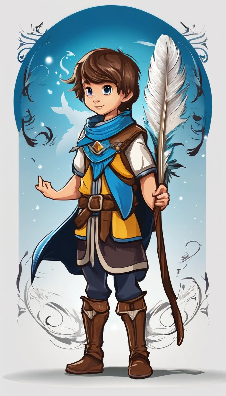 Create a minimalistic, simple, fantastic, easy to understand, logo design of a boy and a feather for an upcoming Fantasy Role Playing Game called " Penamemoria". The game is about a world full of bird and feathers. A boy enters that world and discovers his true artistic identity. Create a logo design that transmits the essence of this videogame. It´s a fantasy game, with fantasy elements. Create the logo in the center and a fantasy theme as background. Use the colours blue, white, yellow in the logo. The logo design must convey a sense of fantasy, dreams and music. Must convey a feeling of being a true Dreamer