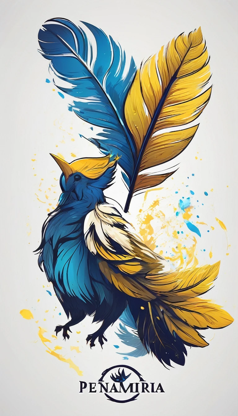Create a minimalistic, simple, fantastic, easy to understand, logo design of a boy and a feather for an upcoming Fantasy Role Playing Game called " Penamemoria". The game is about a world full of bird and feathers. A boy enters that world and discovers his true artistic identity. Create a logo design that transmits the essence of this videogame. It´s a fantasy game, with fantasy elements. Create the logo in the center and a fantasy theme as background. Use the colours blue, white, yellow in the logo. The logo design must convey a sense of fantasy, dreams and music. Must convey a feeling of being a true Dreamer