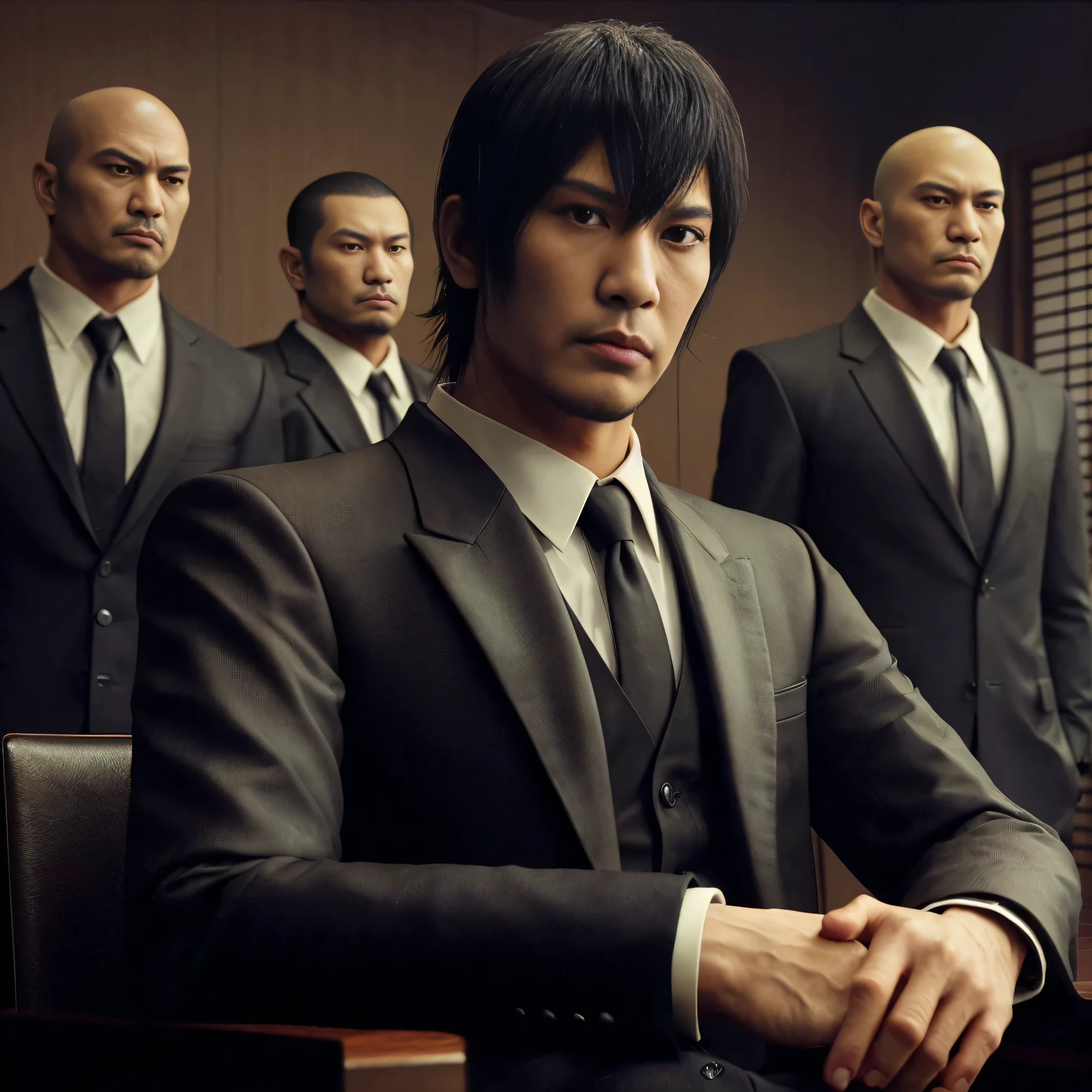 Yakuza with a side bangs, wearing a black suit, sitting with his friend, a bald yakuza in a black suit, the two of them are sitting in a meeting room, their four bodyguards are standing behind them wearing black suits, the background is a yakuza meeting room with brown walls , black tables, and yakuza-style decorations, cinematic, realistic, detailed face, very detailed, 4k