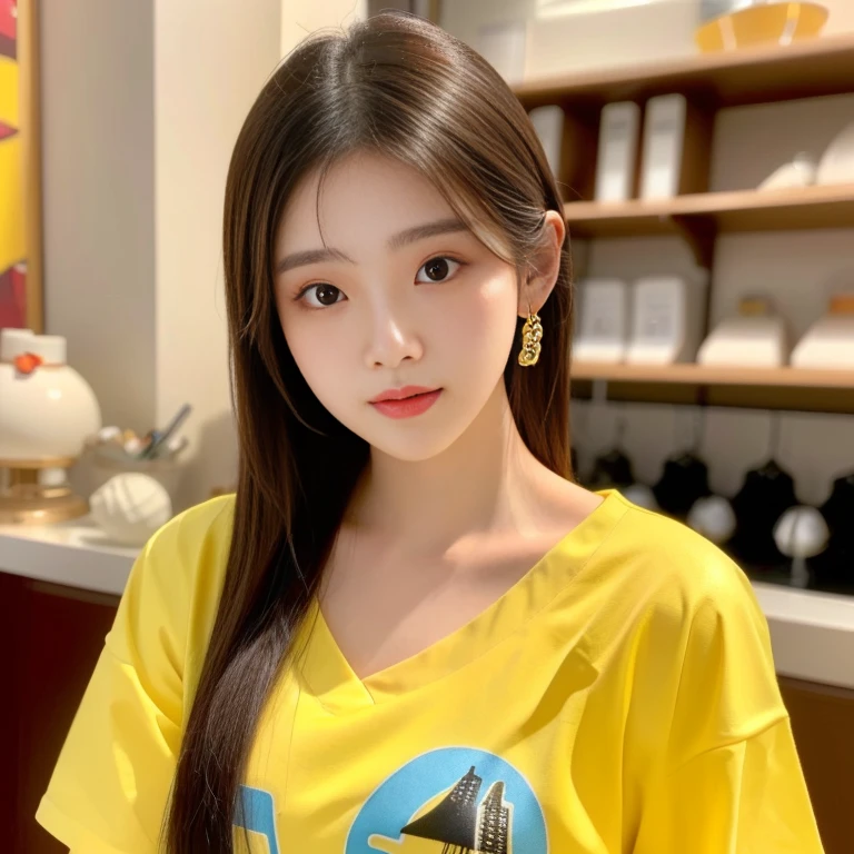 Close-up of a woman wearing a yellow shirt, Korean girl, Ulzzang, with a round face, wan&#39;s Korean face is so cute, beautiful south korean women, หญิงKorean girlที่งดงาม, Portraits of Korean female idols, Cute young Korean face, Jae Yeon Nam, หญิงKorean girlที่สวยงาม, Popular Korean cosmetics, Trending on cgstation, Lalisa Manoban, Headshot profile picture, Thai girl anime, Haraf woman looking at camera, Southeast Asian women with round faces, looking at viewer, Has very long black hair., My hair is very long.,Big eyes,Double eyelids, black eyes, Chest circumference measures 38 inches., The chest is round and shiny., abdominal muscles, perfect body, Wear a dark round neck t-shirt., Bright colors, expensive silk, outdoor, Warm light, The morning sun shines beautifully., (digital painting, HDR, high contrast), straight face, face focus), (Highest quality:1.4, 3D 8K, 45,000,000,000,pixels,),(Masterpiece:1.3),(sharp focus:1.2),glowing face, (Red cheeks:1.4), ยืนเดินoutdoor, The evening sun shines beautifully and realistically.,