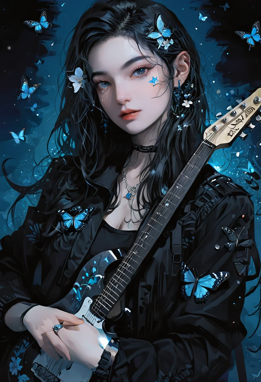 a woman with a guitar in her hand and a background of flowers and butterflies and stars is depicted in this artistic illustration of a woman with a guitar in her hand and a black background of a blue and a blue background,with a,and a,Alice Prin,dark background,cyberpunk art,synchromism,