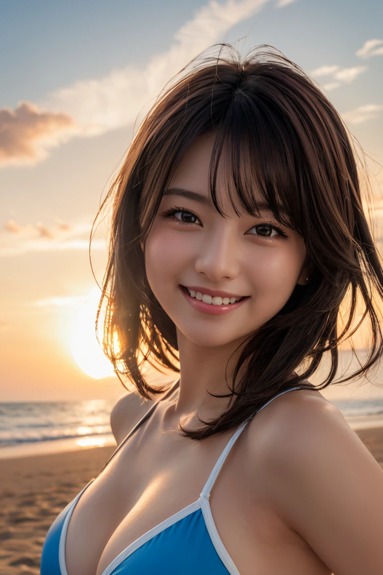 Beach, sunset, Soft lighting, Close-up portrait photo of a cute idol in a swimsuit, Playful pose, smile, Vibrant colors, Realistic, Attention to detail