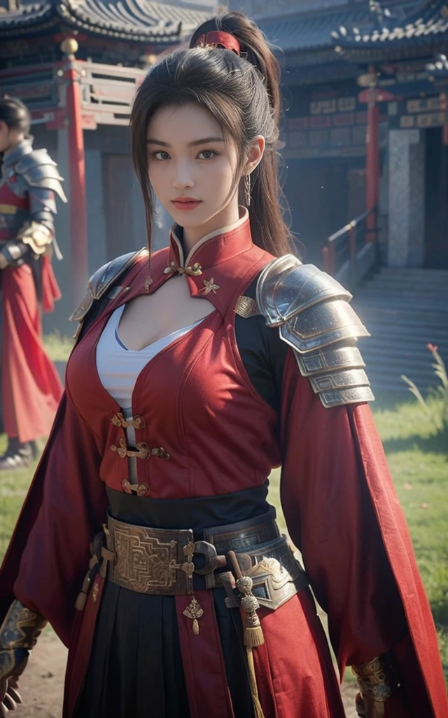 Game Art,Best picture quality,Maximum resolution,8K,(full-body shot),(Head close-up),(Rule of Thirds),Unreal Engine 5 rendering works, (Future Girl),(Female Warrior),
20-year-old girl,(A gentle smile facing the camera)(Chinese samurai),(Short ponytail hairstyle),Eyes full of details,(Large Breasts),Elegant and noble,
(Costumes with Chinese swordsman elements,figure服饰,armor,The costume is red and gold,Heavy Armor,Joint armor),(Chinese Hanfu:1.3),figure,Fantasy style,
Photo poses,Field background,light,Ray Tracing,Game CG,((3D Unreal Engine)),oc rendering reflection pattern,