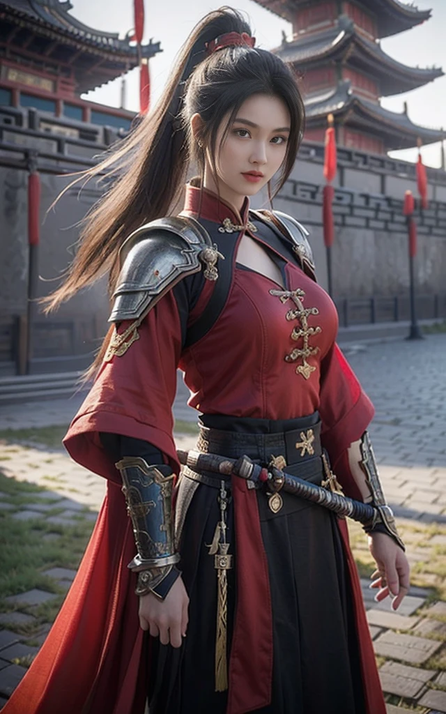 Game Art，Best picture quality，Maximum resolution，8K，(full-body shot)，(Head close-up)，(Rule of Thirds)，Unreal Engine 5 rendering works， (Future Girl)，(Female Warrior)， 
20-year-old girl，（A gentle smile facing the camera）(Chinese samurai)，(Short ponytail hairstyle)，Eyes full of details，(Large Breasts)，Elegant and noble，
(Costumes with Chinese swordsman elements，figure服饰，armor，The costume is red and gold，Heavy Armor，Joint armor)，(Chinese Hanfu:1.3)，figure，Fantasy style，
Photo poses，Field background，light，Ray Tracing，Game CG，((3D Unreal Engine))，oc rendering reflection pattern，