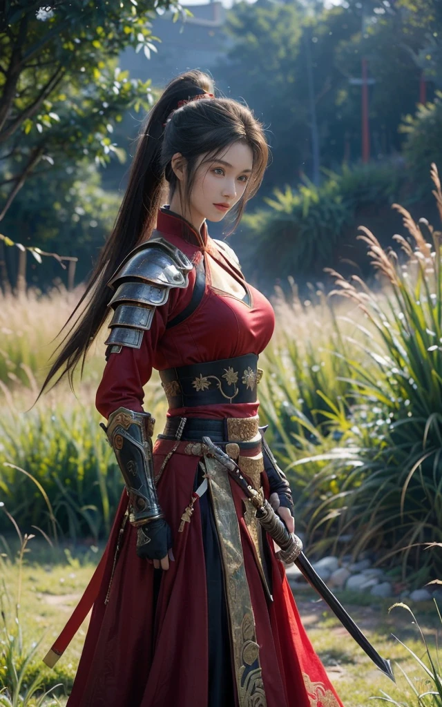 Game Art,Best picture quality,Maximum resolution,8K,(full-body shot),(Head close-up),(Rule of Thirds),Unreal Engine 5 rendering works, (Future Girl),(Female Warrior),
20-year-old girl,(A gentle smile facing the camera)(Chinese samurai),(Short ponytail hairstyle),Eyes full of details,(Large Breasts),Elegant and noble,
(Costumes with Chinese swordsman elements,figure服饰,armor,The costume is red and gold,Heavy Armor,Joint armor),(Chinese Hanfu:1.3),figure,Fantasy style,
Photo poses,Field background,light,Ray Tracing,Game CG,((3D Unreal Engine)),oc rendering reflection pattern,