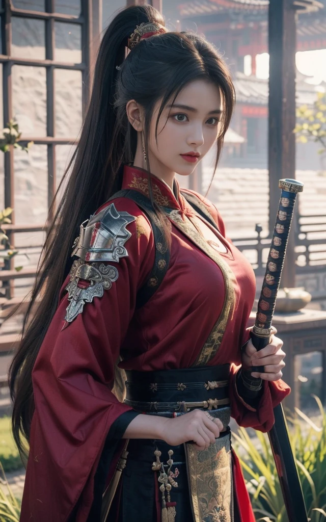 Game Art，Best picture quality，Maximum resolution，8K，(full-body shot)，(Head close-up)，(Rule of Thirds)，Unreal Engine 5 rendering works， (Future Girl)，(Female Warrior)， 
20-year-old girl，（A gentle smile facing the camera）(Chinese samurai)，(Short ponytail hairstyle)，Eyes full of details，(Large Breasts)，Elegant and noble，
(Costumes with Chinese swordsman elements，figure服饰，armor，The costume is red and gold，Heavy Armor，Joint armor)，(Chinese Hanfu:1.3)，figure，Fantasy style，
Photo poses，Field background，light，Ray Tracing，Game CG，((3D Unreal Engine))，oc rendering reflection pattern，