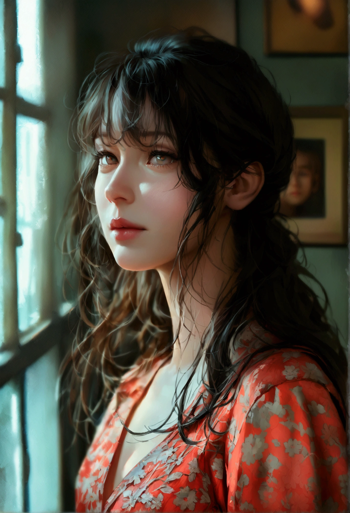 Highest quality, Face Focus, Soft Light, Ultra-high resolution, (Realistic:1.4), RAW Photos, 1 Japanese girl, alone, cute, (pupil, Light in your eyes), Beautiful face in every detail, (Small box),(High resolution detail of human skin texture), (Long Hair), indoor, Damask Shirt Dress, (Portraiture)  Selfie style　Dark Room