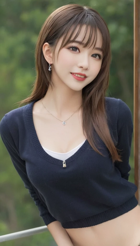 One girl, Ahoge, bangs, black skirt, black sweater, Blue Claws, Blurred, Blurred background, chest, Brown eyes, Brown Hair, brown Jacket, Mouth closed, Day included, Day, Depth of written boundary, Earrings, eyelash, Raise your hand, Tilt your head, Jacket, jewelry, Long Hair, Long sleeve, View Viewer, medium chest, Manicure, Open clothes, open Jacket, Outdoor, Pursed lips, Tucked in shirt, Side Lock, skirt, Sleeves are longer than the wrist, alone, sweater, Upper Body, zipper, smile, ((masterpiece)), 