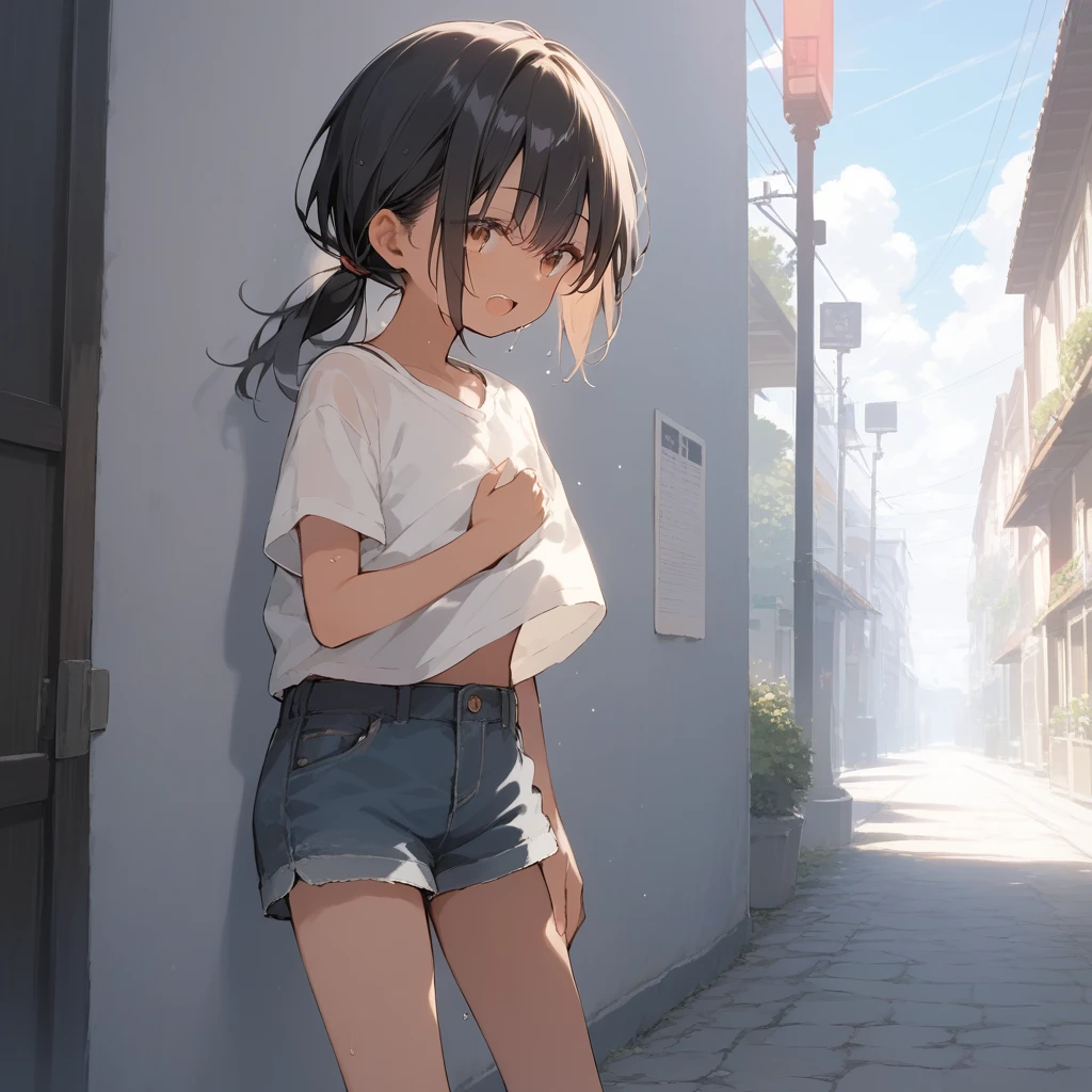 score_9, score_8_up, score_7_up, source_anime, best quality, masterpiece, official art, absurdres, highres, ultra-detailed,waifu2x,Collection: Slice of Life,break,1girl, tomboy, dark-skinned female, short hair, low ponytail, flat chest, beautiful detailed eyes, short shorts, sweat, open mouth, (yawn:0.3), sleepily, outdoors, wind,break,(clear line illustration:1.2), super detailed skin,very high resolution, very aesthetic, Best sexual lighting powered by famous artist, 8k,cute picture,beauty illustration,photoshop_(medium),,(Detailed Lighting),best anime 8k konachan wallpaper, pixiv contest winner, 