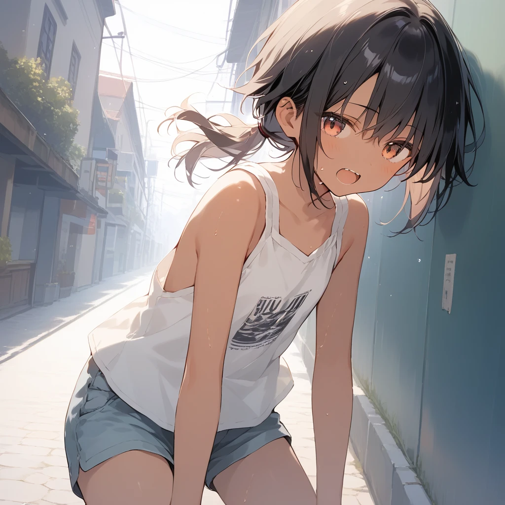 score_9, score_8_up, score_7_up, source_anime, best quality, masterpiece, official art, absurdres, highres, ultra-detailed,waifu2x,Collection: Slice of Life,break,1girl, tomboy, dark-skinned female, short hair, low ponytail, flat chest, beautiful detailed eyes, short shorts, sweat, open mouth, (yawn:0.3), sleepily, outdoors, wind,break,(clear line illustration:1.2), super detailed skin,very high resolution, very aesthetic, Best sexual lighting powered by famous artist, 8k,cute picture,beauty illustration,photoshop_(medium),,(Detailed Lighting),best anime 8k konachan wallpaper, pixiv contest winner, 