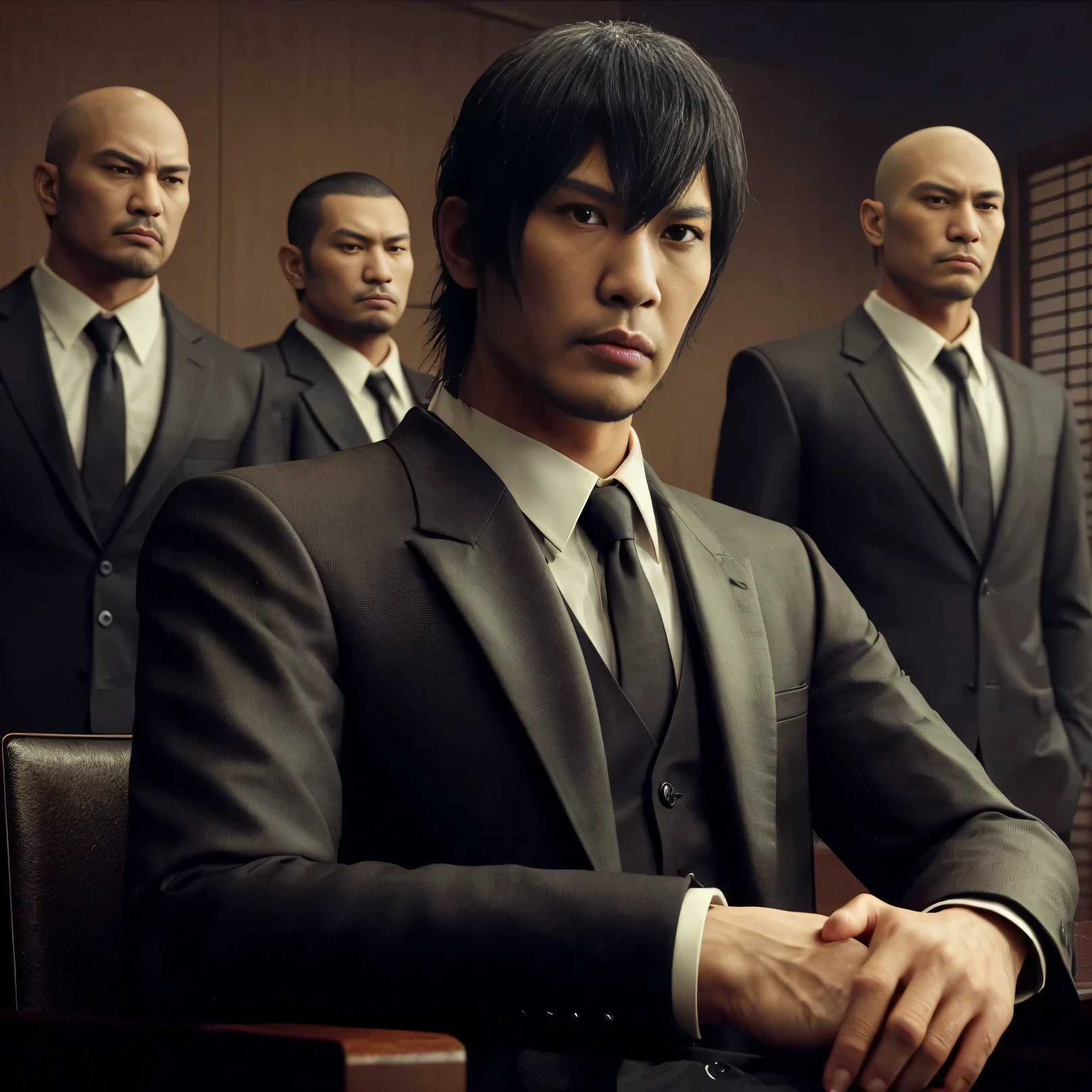 Yakuza with a side bangs, wearing a black suit, sitting with his friend, a bald yakuza in a black suit, the two of them are sitting in a meeting room, their four bodyguards are standing behind them wearing black suits, the background is a yakuza meeting room with brown walls , black tables, and yakuza-style decorations, cinematic, realistic, detailed face, very detailed, 4k