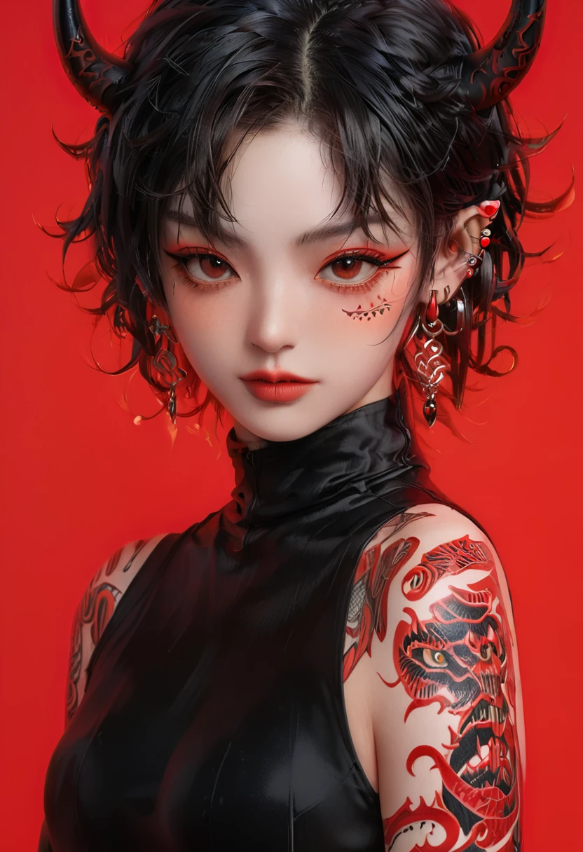 best quality,highres,extreme detail description,Professional,Studio lighting,a character with a dark,wavy hairstyle adorned with red horns,The character has a tattooed face,with intricate designs covering their cheeks,forehead,and neck,They are wearing a black outfit with red accents,and their fingers are covered in multiple rings,The background is a vibrant red,and the overall style of the image is reminiscent of fantasy or anime art,