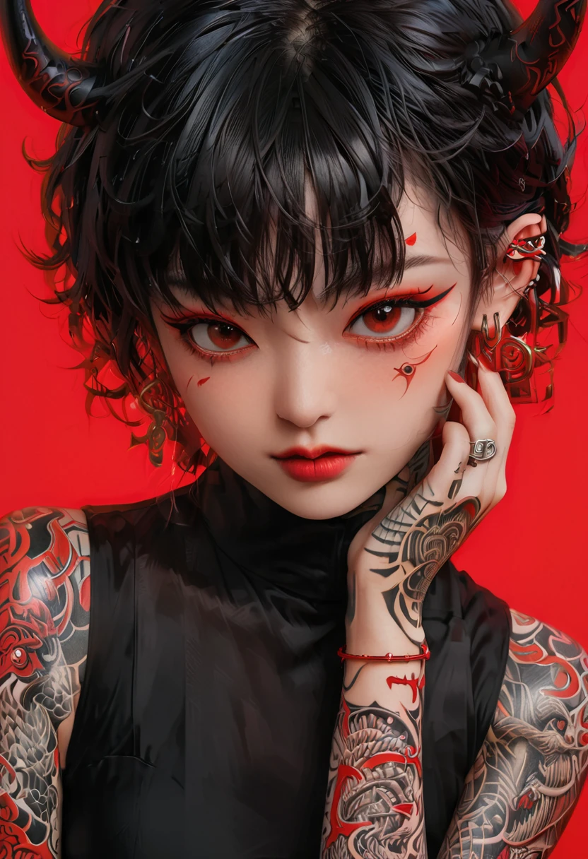 best quality,highres,extreme detail description,Professional,Studio lighting,a character with a dark,wavy hairstyle adorned with red horns,The character has a tattooed face,with intricate designs covering their cheeks,forehead,and neck,They are wearing a black outfit with red accents,and their fingers are covered in multiple rings,The background is a vibrant red,and the overall style of the image is reminiscent of fantasy or anime art,
