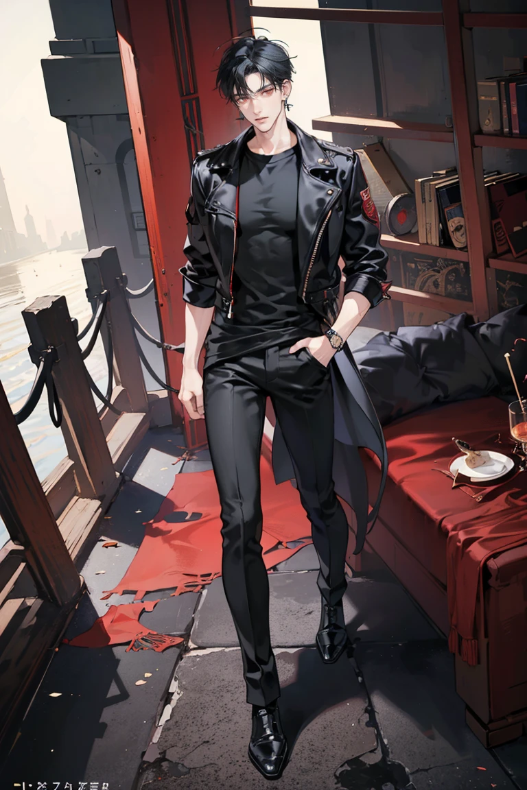 (masterpiece), best quality, seductive eyes, perfect face, handsome man, red eyes, short messy black hair, long nose, plain black t-shirt, black fitted pants, black leather jacket, full body, extremely tall man, long legs, long calves, anime cover, 1boy, ear piercings, hands in pockets, adult-like look, motorcycle