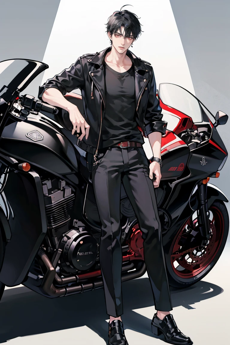 (masterpiece), best quality, seductive eyes, perfect face, handsome man, red eyes, short messy black hair, long nose, plain black t-shirt, black fitted pants, black leather jacket, full body, extremely tall man, long legs, long calves, anime cover, 1boy, ear piercings, hands in pockets, adult-like look, motorcycle