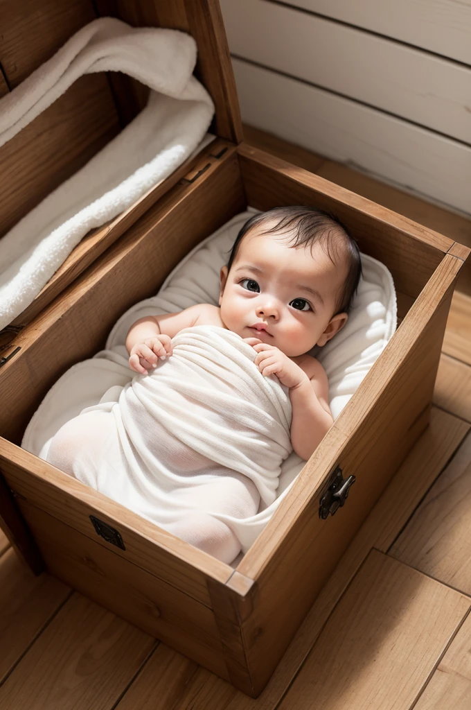Create an image of a baby lying in a wooden box in a Brazilian favela. The baby is wrapped in a white blanket, and the surrounding environment is humble, with houses made of bricks and wood, hanging clothes, and a dirt floor.