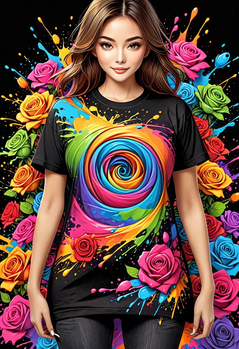 Designer t-shirt with colorful illustration with many roses, At the center, swirly vibrant colors, paint splashes and smears, High detail t-shirt design, black backdrop 
