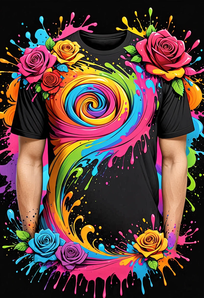 Designer t-shirt with colorful illustration with many roses, At the center, swirly vibrant colors, paint splashes and smears, High detail t-shirt design, black backdrop 
