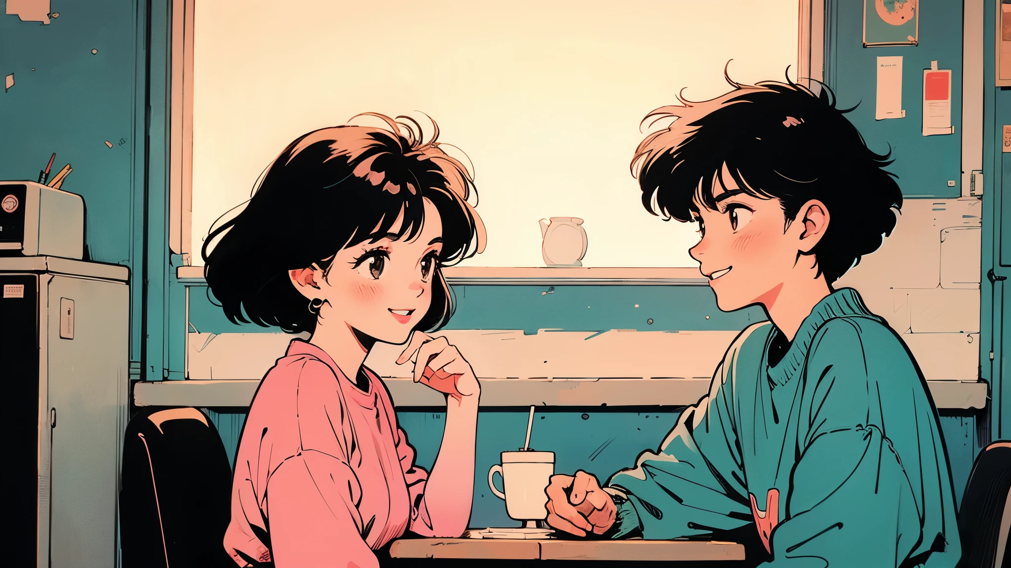 Highest quality,wallpaper,masterpiece,Super detailed,8K,wallpaper,Retro,(One female:1.5),Woman with short hair,Cafe,Talking to boyfriend,(A happy smile),City Pop,Urban Pop,Retroなレコードジャケットのイラスト