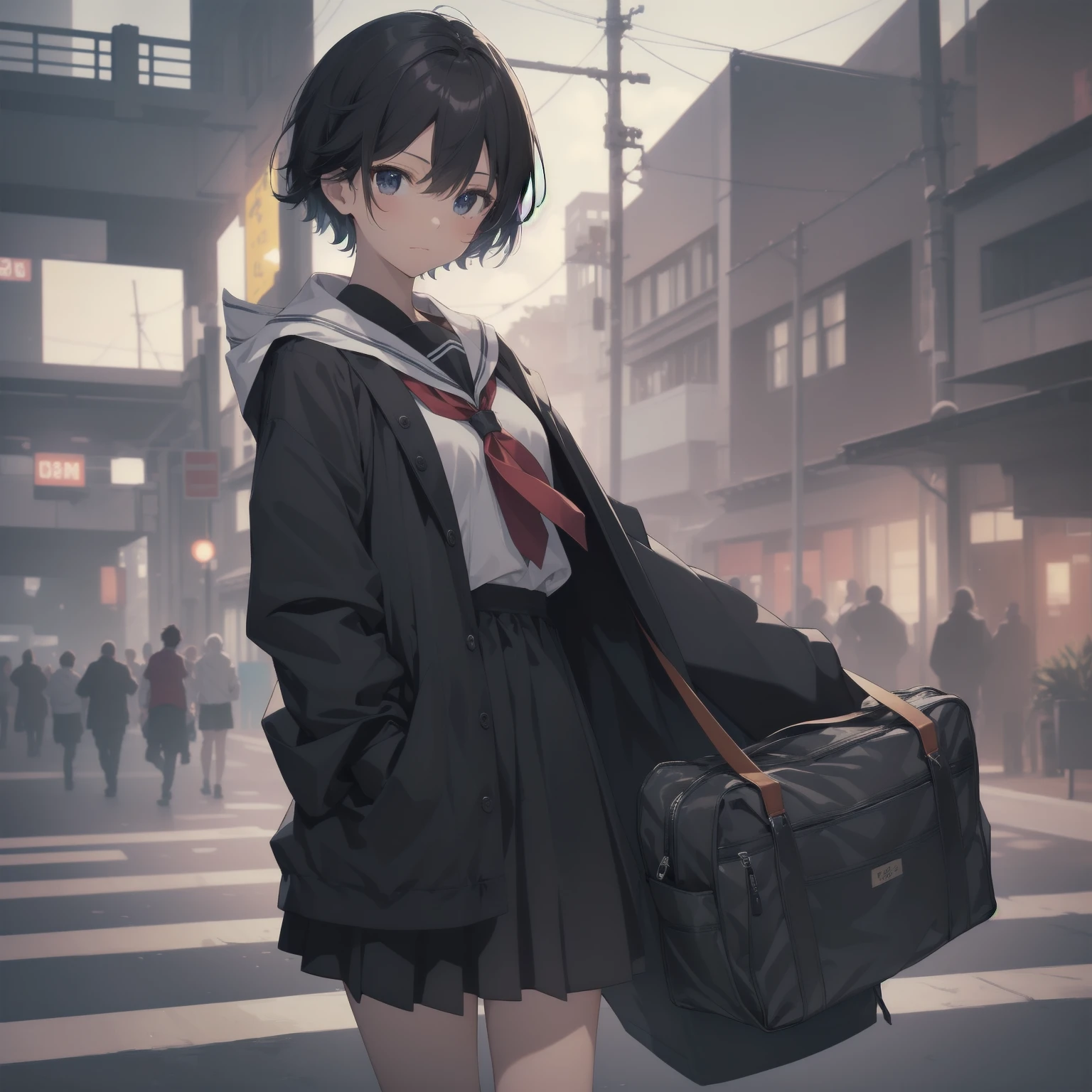ultra-absurdres-Top quality by artist God, ultra-detailed, high resolution, anime moe artstyle, best anime 8k konachan wallpaper, pixiv contest winner, pool:2810, perfect anatomy,break, 1girl, (Please draw a girl walking sleepily to school alone. )break,(Solo,little female, 13-year-old:1.3),Full limbs, complete fingers,a junior high school student, (very short hair), short cut, flat chest, , small butt, small black eyes, beautiful detailed eyes, well-proportioned iris and pupils, expressive eyes, highres detailed hair, soft expression, salor school_uniform, sailor collar, serahuku, bow, pleated skirt,(Detailed Lighting), (Detailed background), in the School commute route. break,super detailed skin, Best cinematic lighting powered by famous artist, 8k,beauty illustration,photoshop_(medium),very aesthetic,break,((artist:tomose_shunsaku )), artist:clamp ,artist:carnelian ,artist:kantoku ,