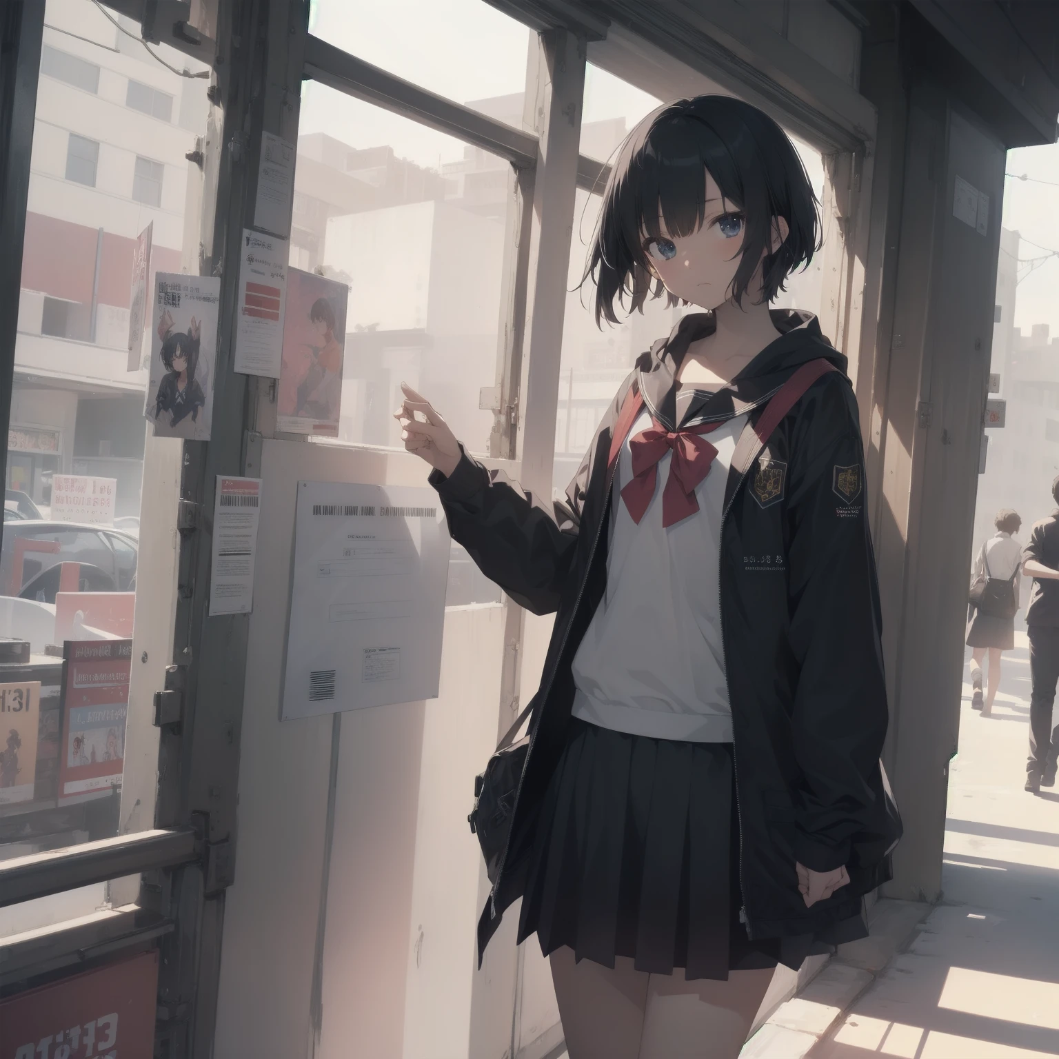 ultra-absurdres-Top quality by artist God, ultra-detailed, high resolution, anime moe artstyle, best anime 8k konachan wallpaper, pixiv contest winner, pool:2810, perfect anatomy,break, 1girl, (Please draw a girl walking sleepily to school alone. )break,(Solo,little female, 13-year-old:1.3),Full limbs, complete fingers,a junior high school student, (very short hair), short cut, flat chest, , small butt, small black eyes, beautiful detailed eyes, well-proportioned iris and pupils, expressive eyes, highres detailed hair, soft expression, salor school_uniform, sailor collar, serahuku, bow, pleated skirt,(Detailed Lighting), (Detailed background), in the School commute route. break,super detailed skin, Best cinematic lighting powered by famous artist, 8k,beauty illustration,photoshop_(medium),very aesthetic,break,((artist:tomose_shunsaku )), artist:clamp ,artist:carnelian ,artist:kantoku ,